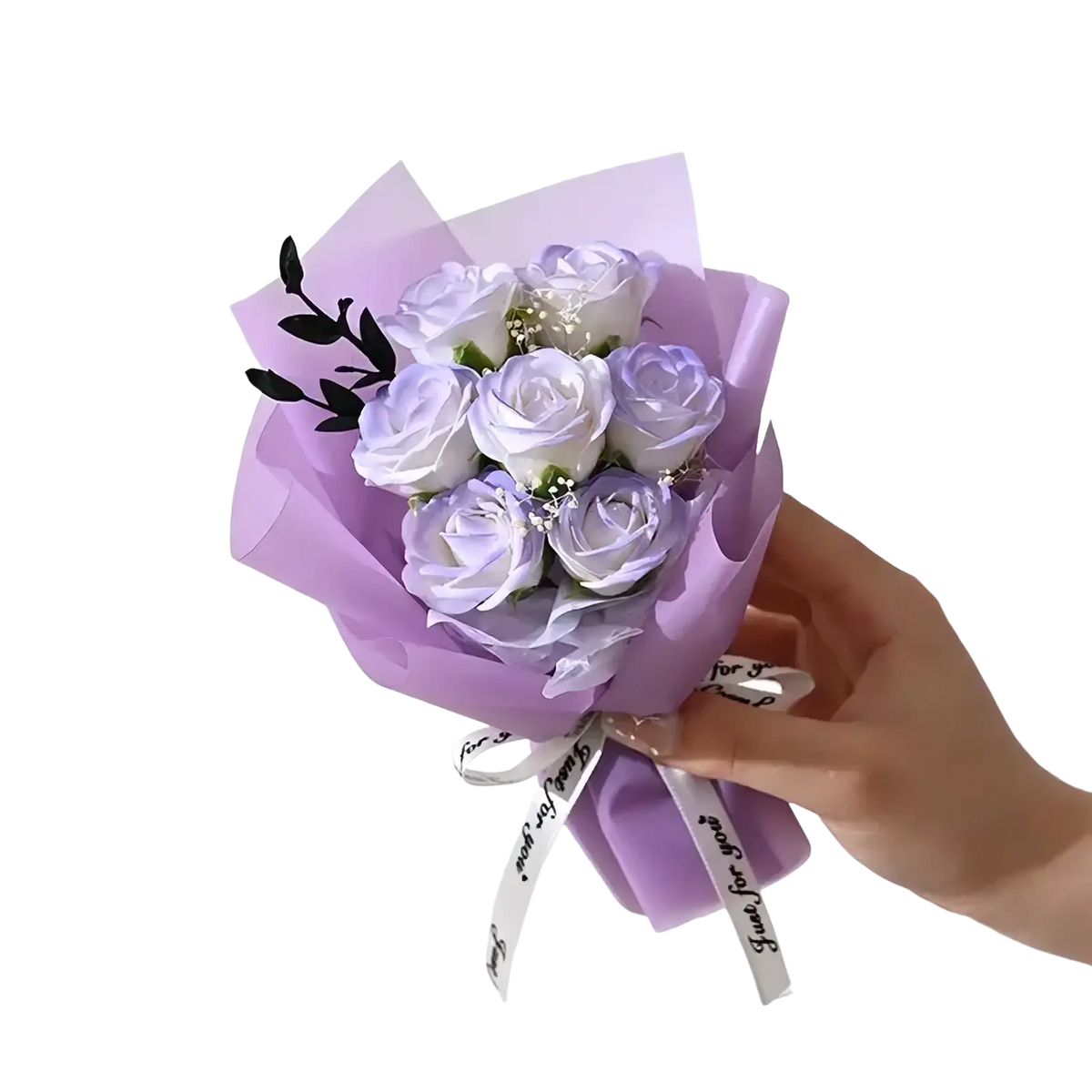 Artificial rose flower bouquet of lavender and white soap roses wrapped in purple tissue paper for gifts