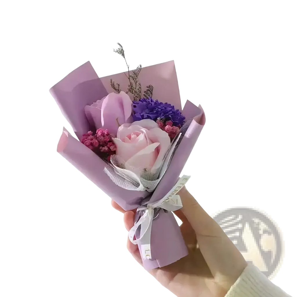Artificial rose flower bouquet with lavender wrap soft pink rose purple hydrangeas and white ribbon for gifts
