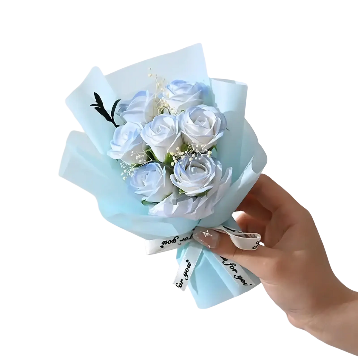Artificial rose flower bouquet with light blue and white roses wrapped in matching tissue paper for gifts