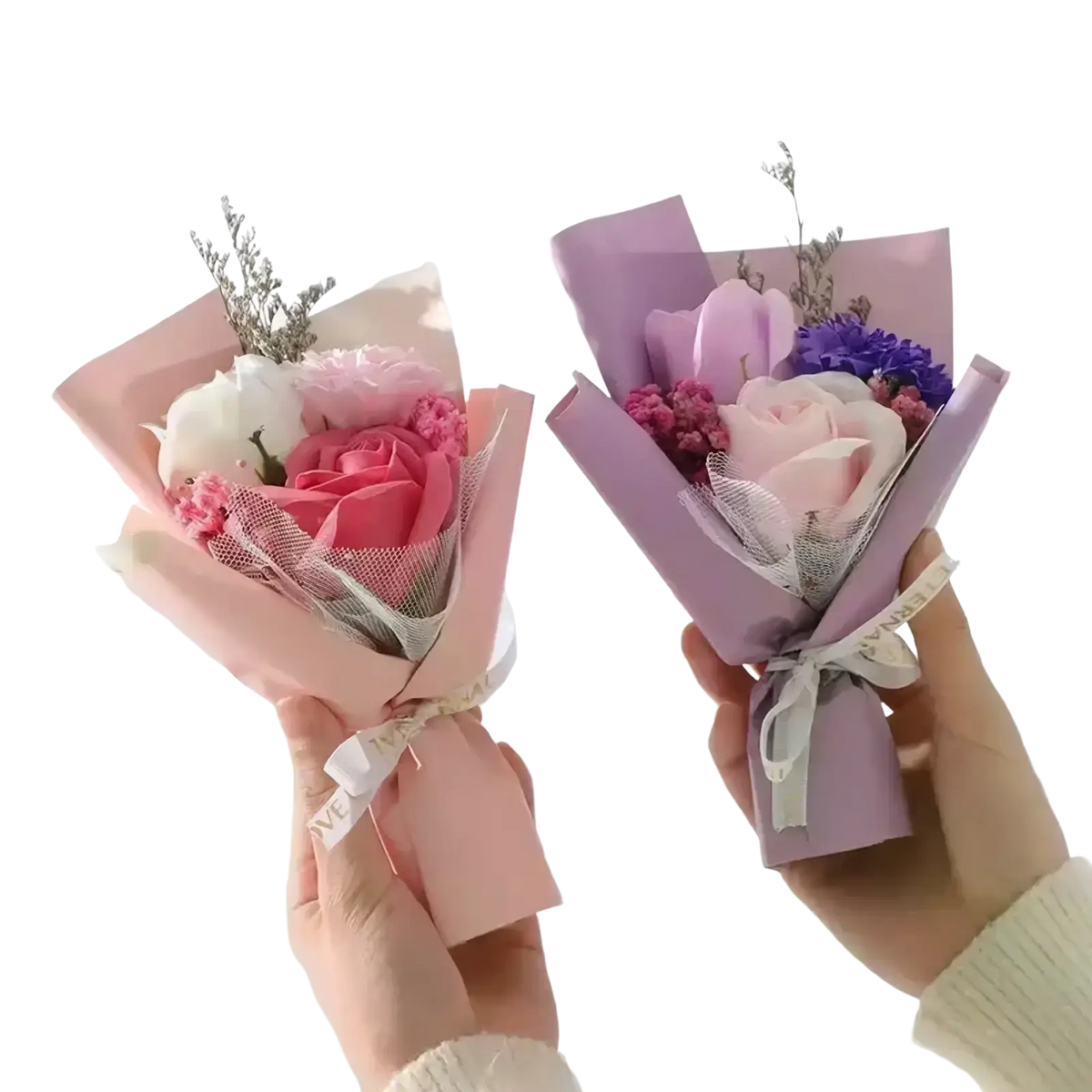 Two hand-held artificial rose flower bouquets wrapped in pastel paper with mesh and ribbon ties for gifts