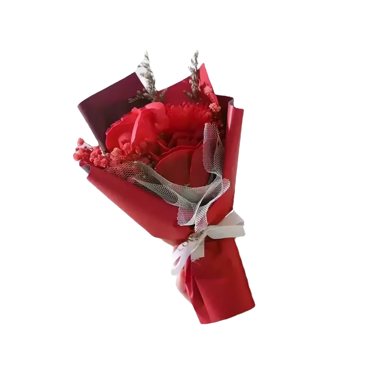 Artificial rose flower bouquet featuring vibrant red flowers wrapped in matching paper and tied with a white ribbon