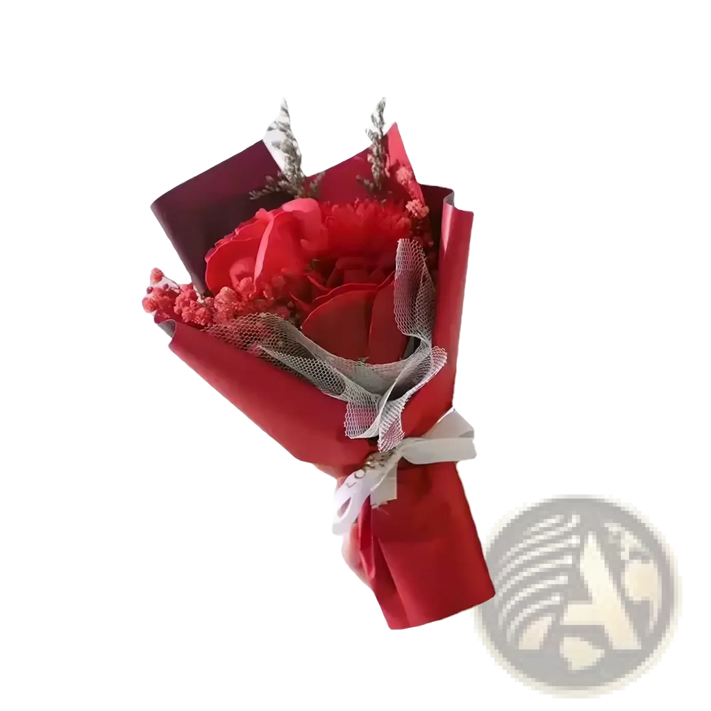 Artificial rose flower bouquet featuring vibrant red flowers wrapped in matching paper and tied with a white ribbon