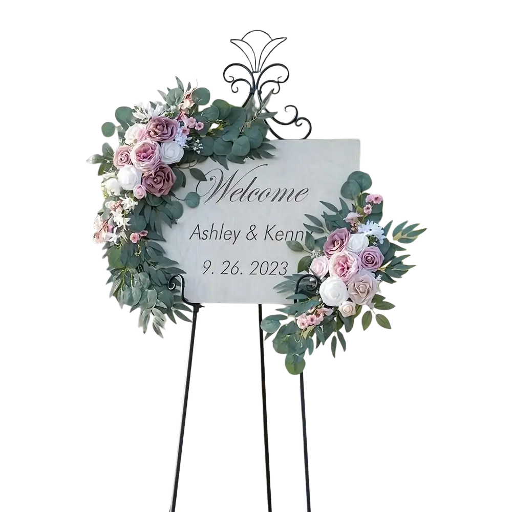 Artificial rose wedding arch flowers set featuring a decorative welcome sign with pink white roses and eucalyptus leaves