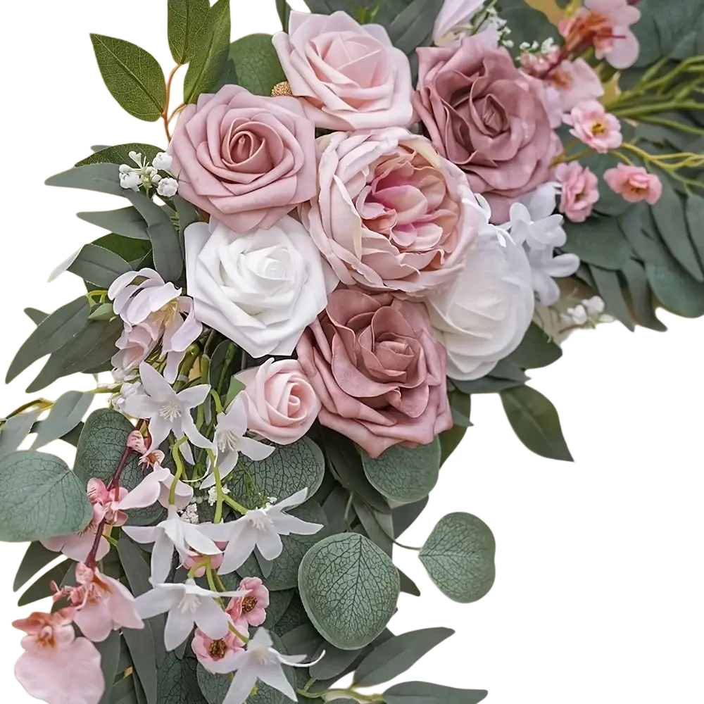 Delicate artificial rose wedding arch flowers set in soft pink white and mauve with green eucalyptus leaves