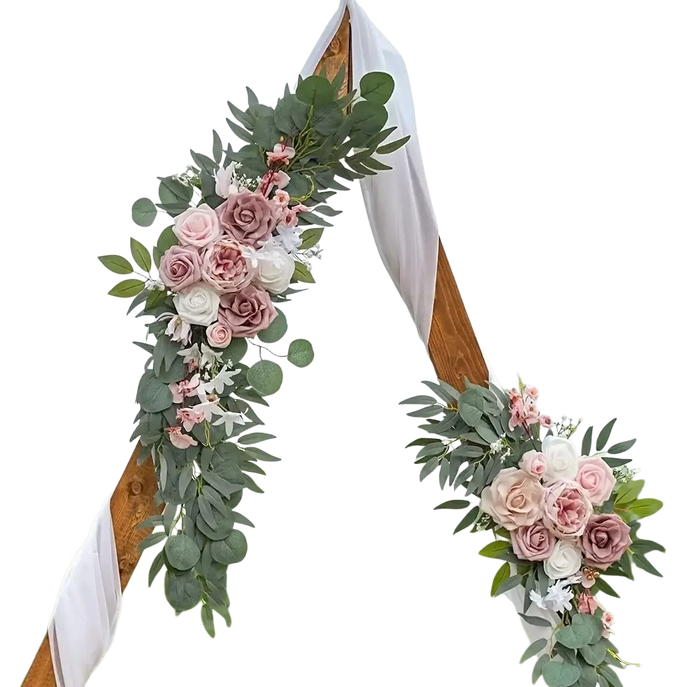 Artificial rose wedding arch flowers set with delicate soft pink white roses and lush green eucalyptus leaves decoration