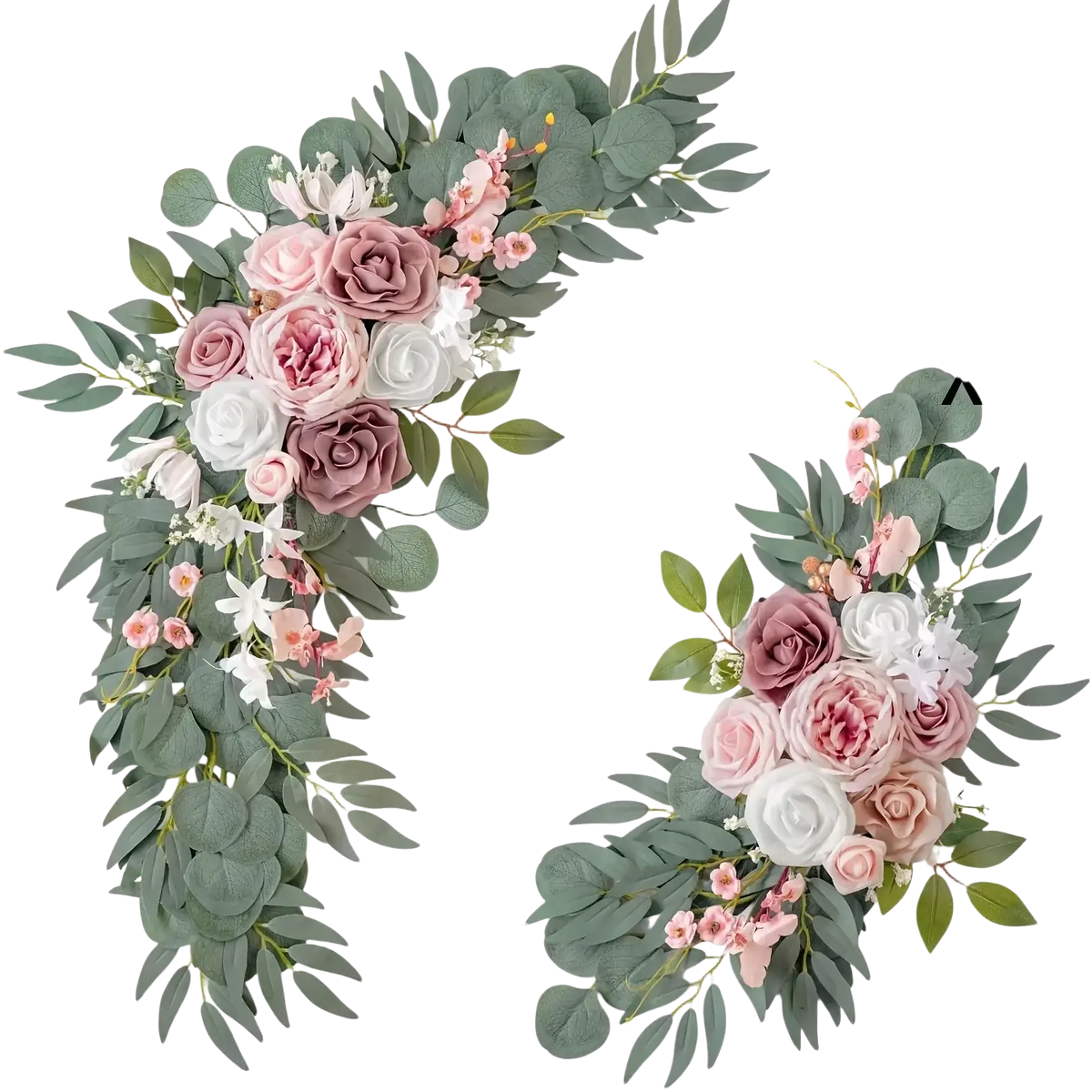 Artificial rose wedding arch flowers set with delicate pink mauve white roses and green eucalyptus leaves wreath
