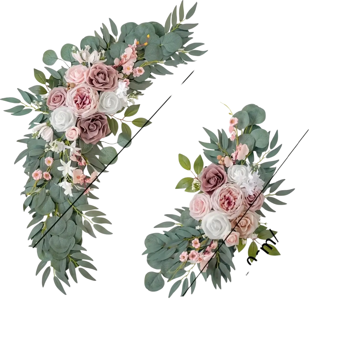 Elegant artificial rose wedding arch flowers set with soft pink mauve white roses and lush green eucalyptus leaves