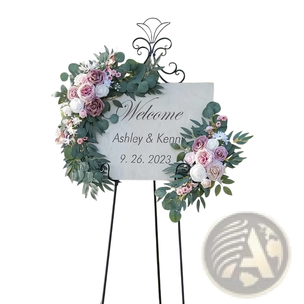 Artificial rose wedding arch flowers set featuring a decorative welcome sign with pink white roses and eucalyptus leaves