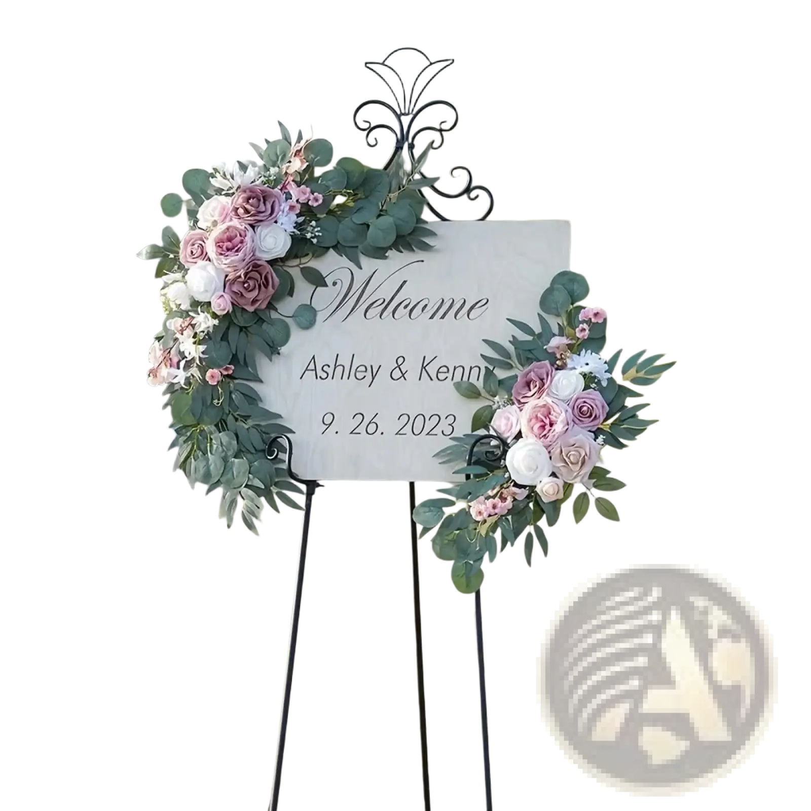 Artificial rose wedding arch flowers set featuring a decorative welcome sign with pink white roses and eucalyptus leaves
