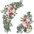 Artificial rose wedding arch flowers set with delicate pink mauve white roses and green eucalyptus leaves wreath