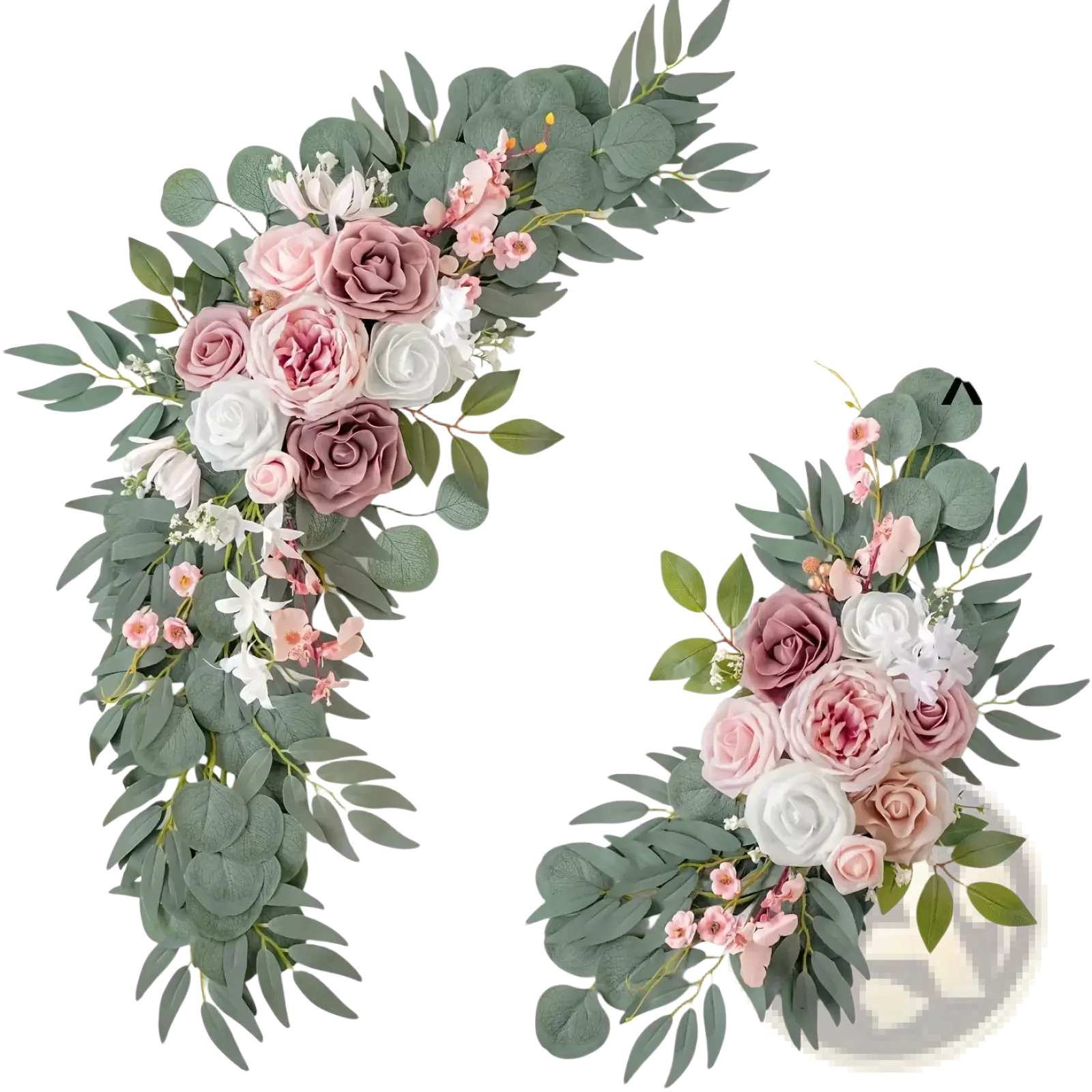 Artificial rose wedding arch flowers set with delicate pink mauve white roses and green eucalyptus leaves wreath