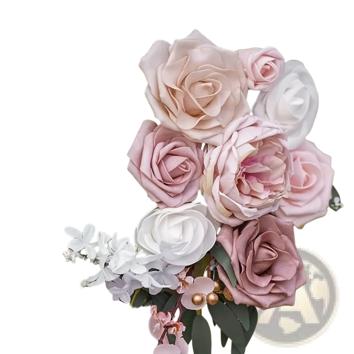 Artificial rose wedding arch flowers set with delicate blush ivory and dusty rose roses accented by eucalyptus leaves