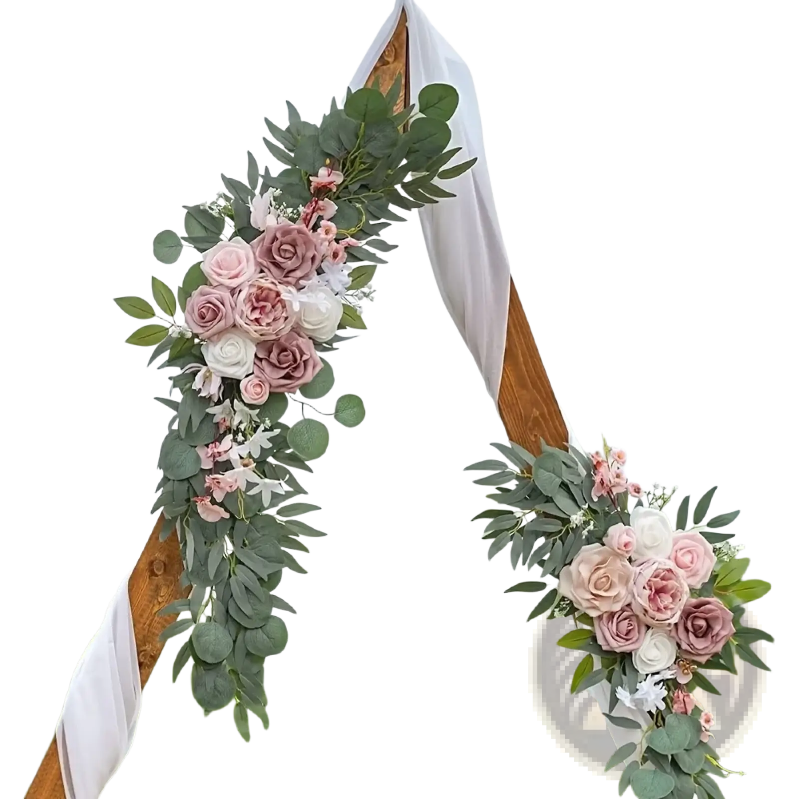 Artificial rose wedding arch flowers set with delicate soft pink white roses and lush green eucalyptus leaves decoration
