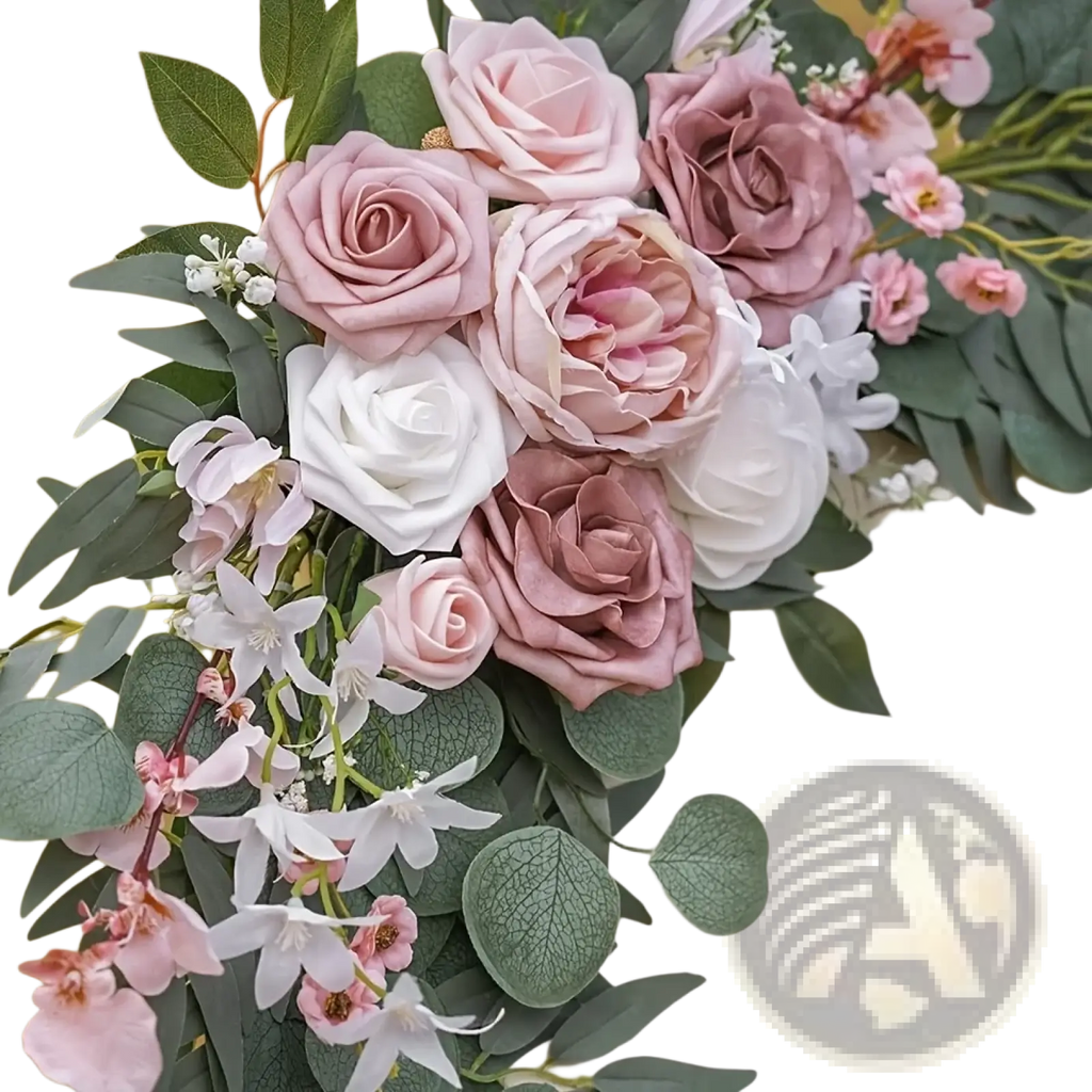 Delicate artificial rose wedding arch flowers set in soft pink white and mauve with green eucalyptus leaves
