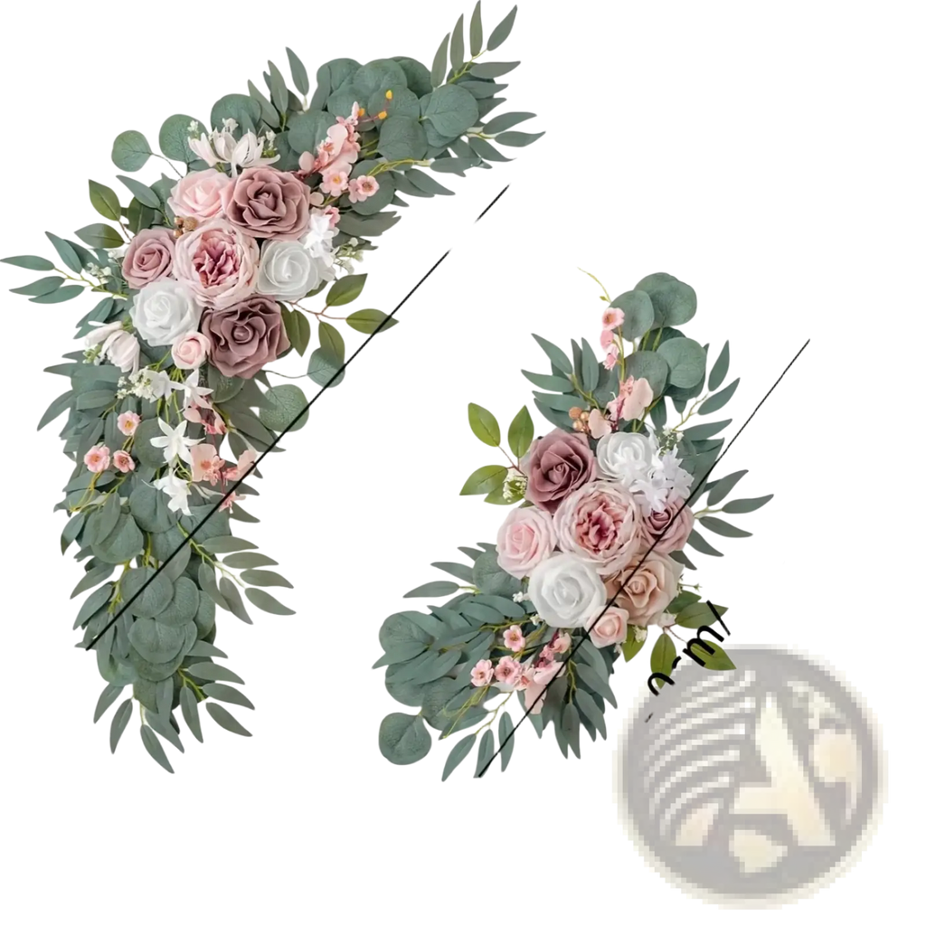 Elegant artificial rose wedding arch flowers set with soft pink mauve white roses and lush green eucalyptus leaves