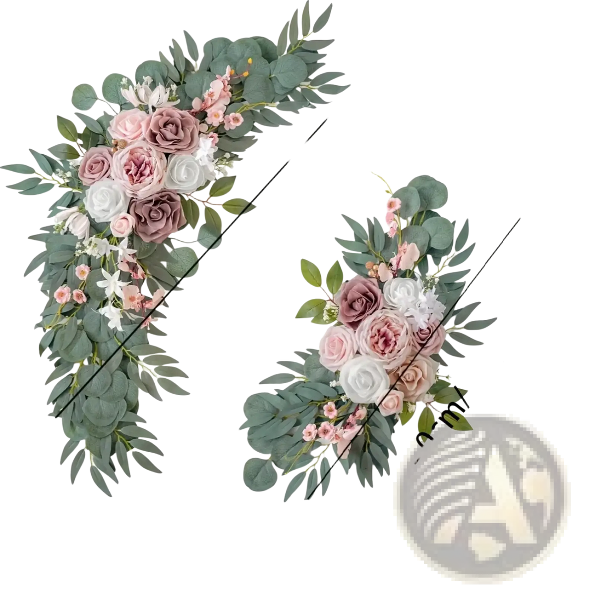 Elegant artificial rose wedding arch flowers set with soft pink mauve white roses and lush green eucalyptus leaves