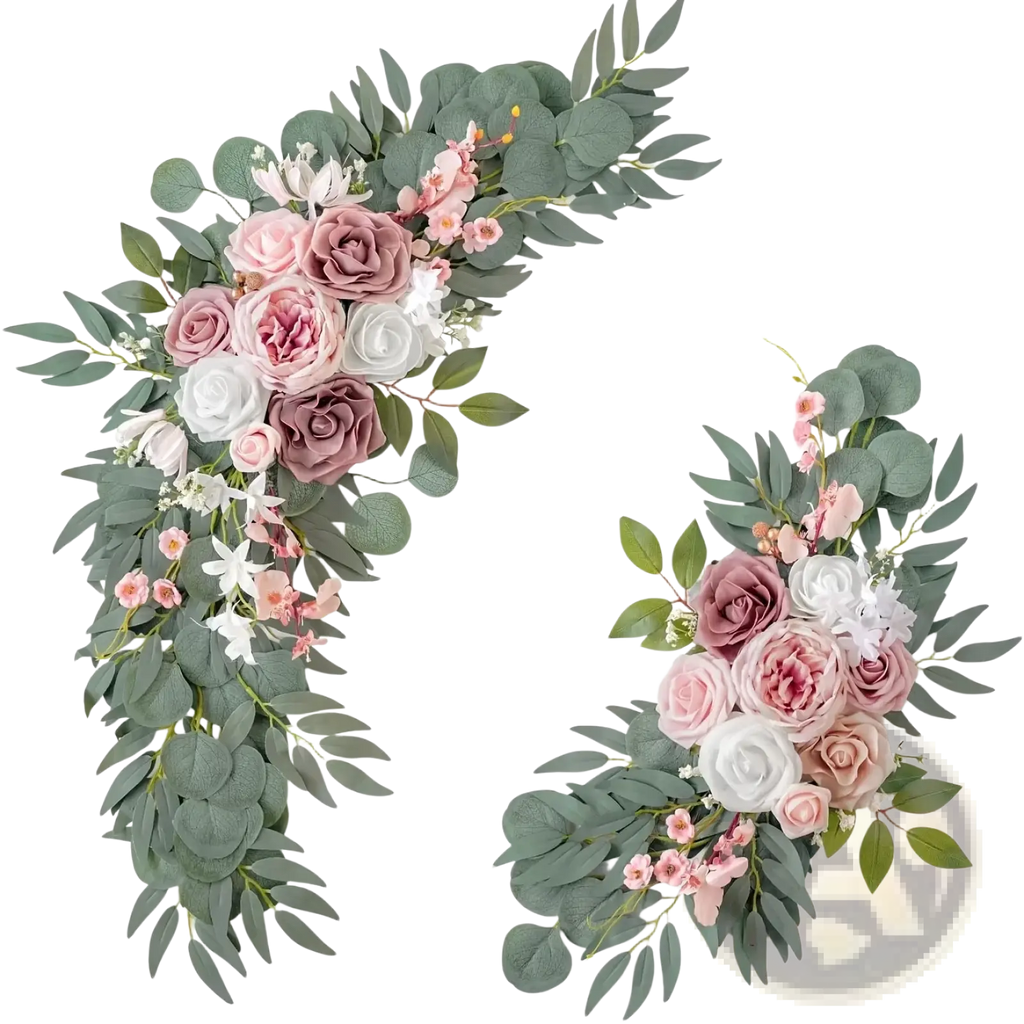 Elegant artificial rose wedding arch flowers set with soft pink mauve white roses and green eucalyptus leaves
