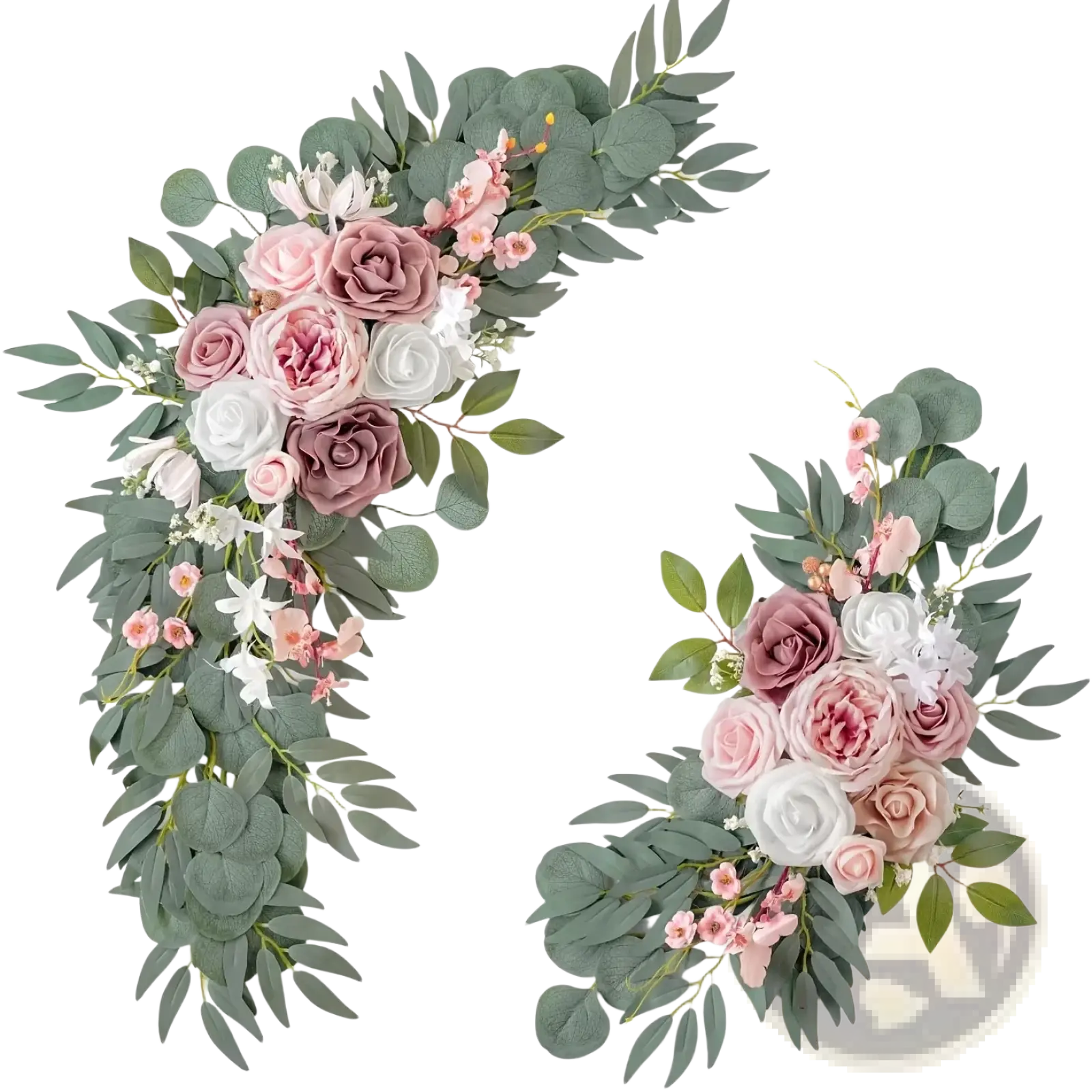 Elegant artificial rose wedding arch flowers set with soft pink mauve white roses and green eucalyptus leaves