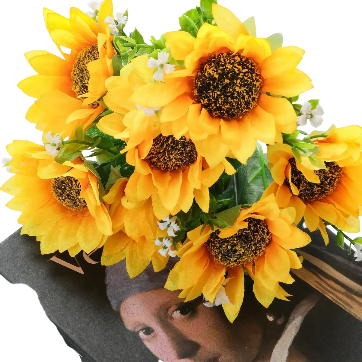 Artificial sunflower bouquet with bright yellow flowers, detailed brown centers, green leaves, small white accents in ceramic vase