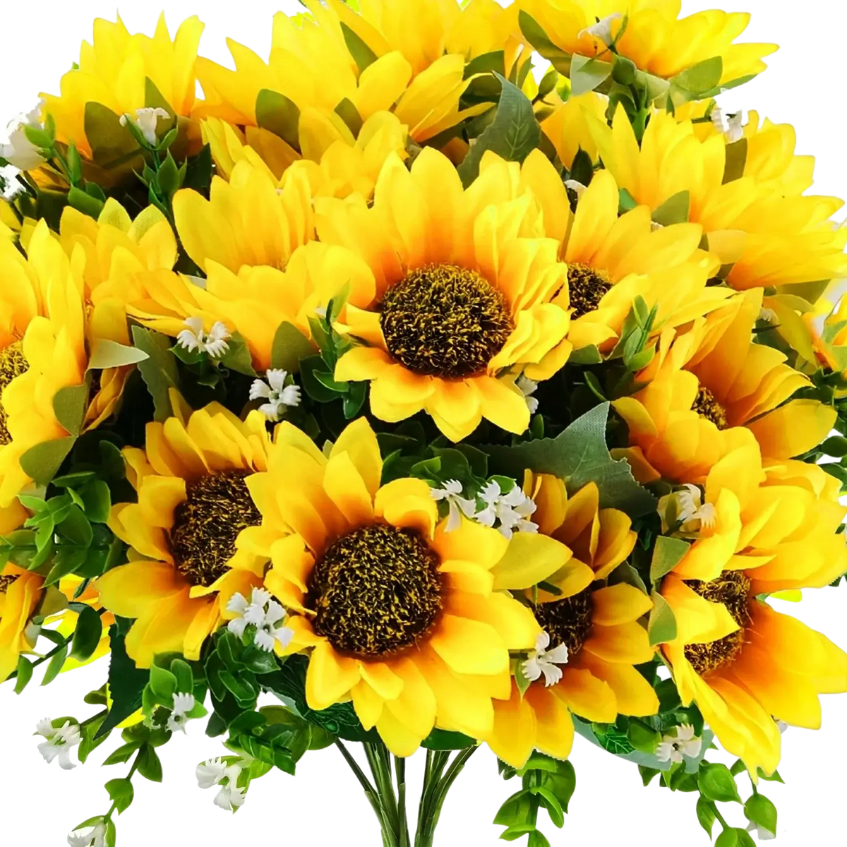 Artificial sunflower bouquet with bright yellow flowers dark brown centers green leaves and small white filler flowers in ceramic vase
