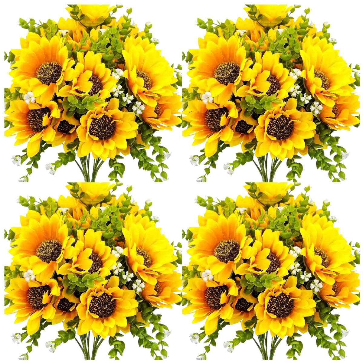 Artificial sunflower bouquet with vibrant yellow petals dark brown centers and green foliage in ceramic vase