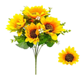 Artificial sunflower bouquet with vibrant yellow petals green leaves detailed brown center and ceramic vase