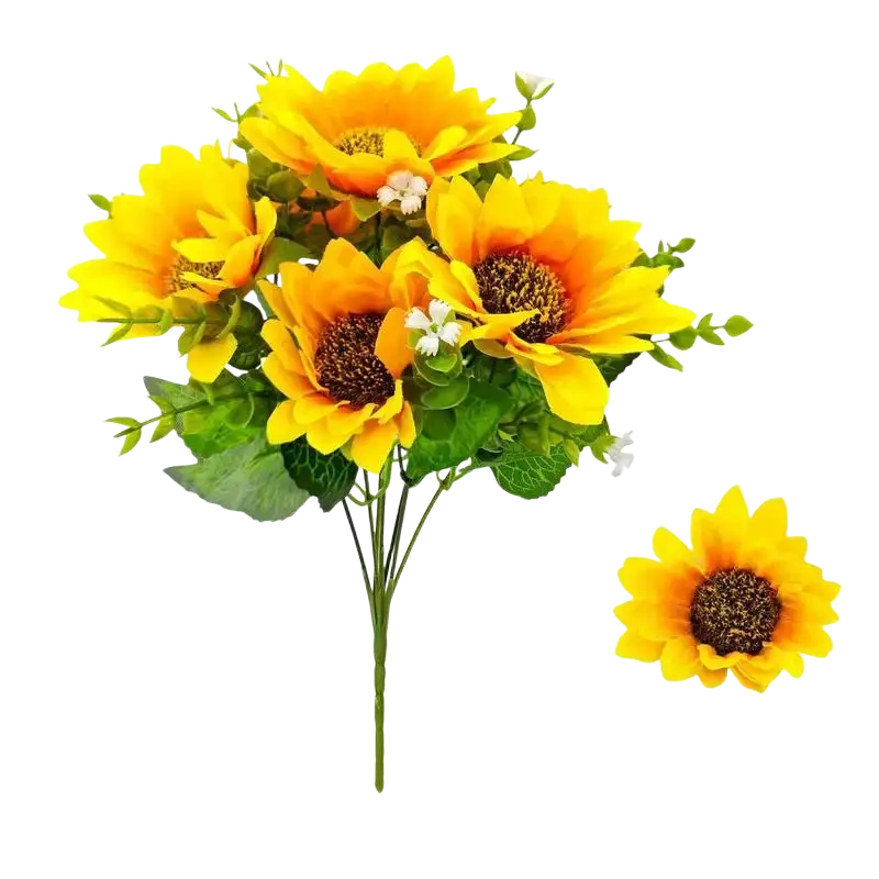 Artificial sunflower bouquet with vibrant yellow petals green leaves detailed brown center and ceramic vase