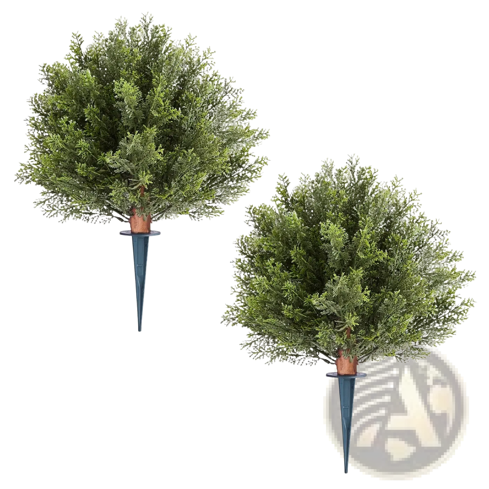 Two artificial topiary cypress trees 16 inch with dense green foliage and brown trunks on dark blue metal spikes