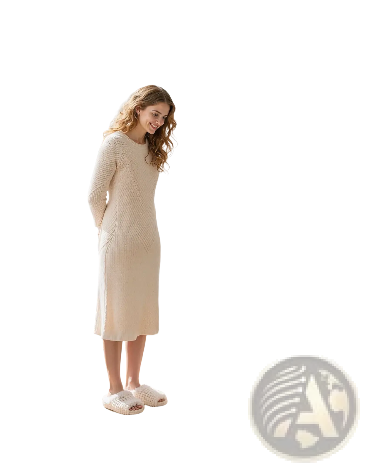 A cream-colored long-sleeved knit dress with a textured pattern and round neckline displayed in artificial topiary cypress trees 16 inch 2 pack product
