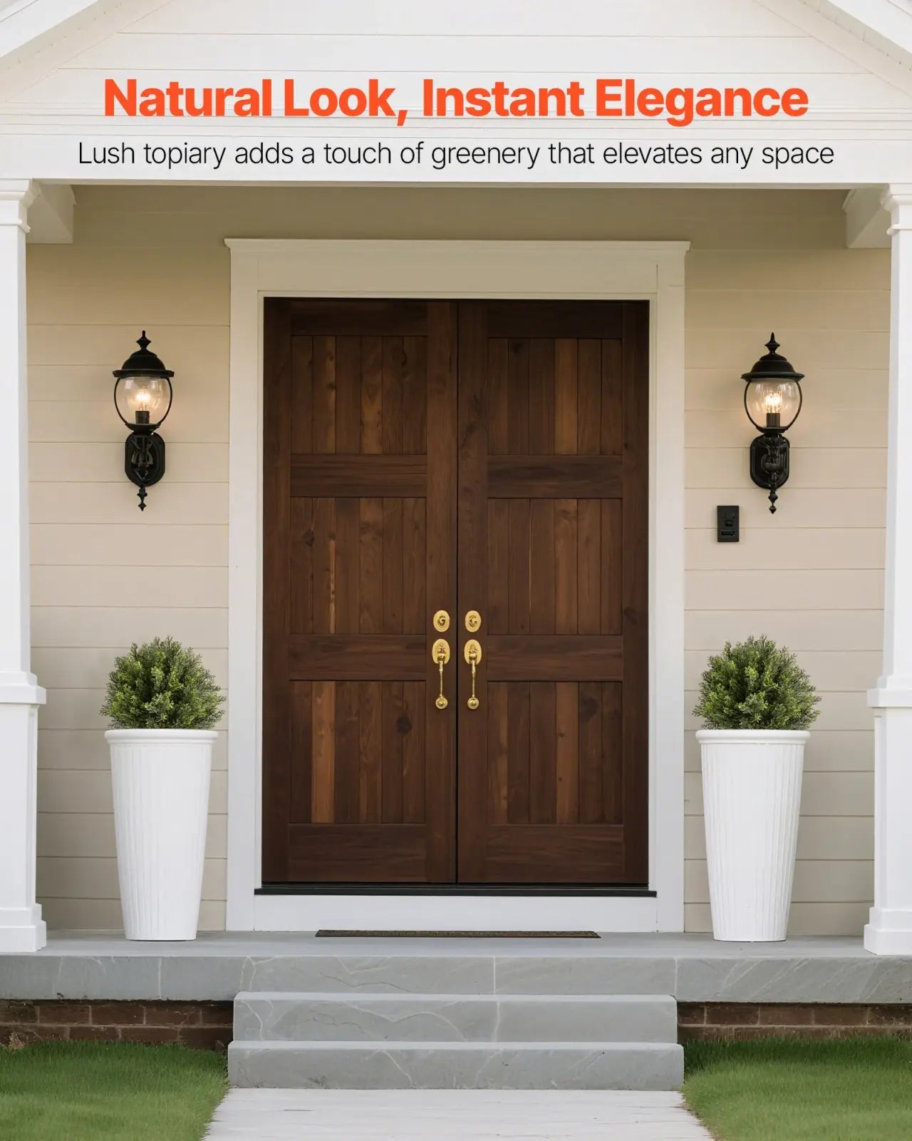 Dark brown wooden double doors with gold hardware and classic panel design complement artificial topiary cypress trees 16 inch 2 pack