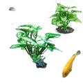 Green artificial water plant with leafy foliage and black rocky base for fish tank landscape decoration