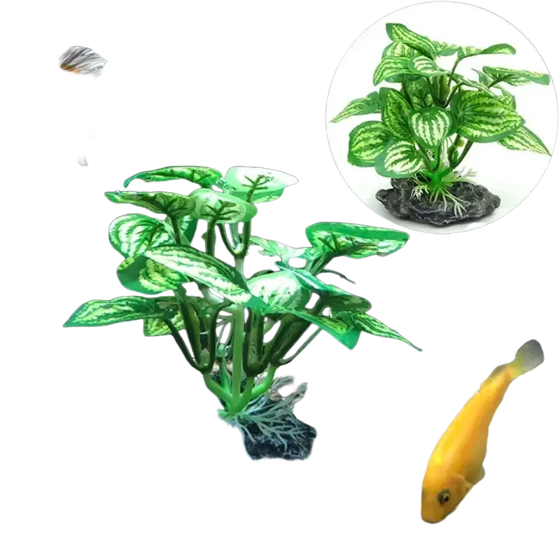 Green artificial water plant with leafy foliage and black rocky base for fish tank landscape decoration