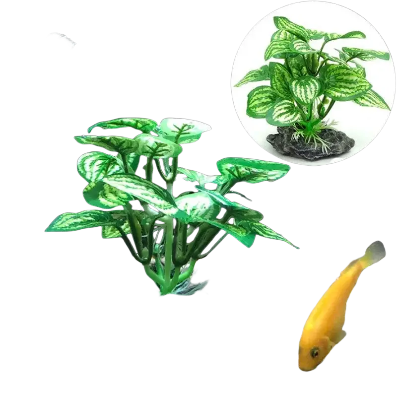 Green artificial water plant with leafy water-patterned foliage and black rocky base for fish tank landscape