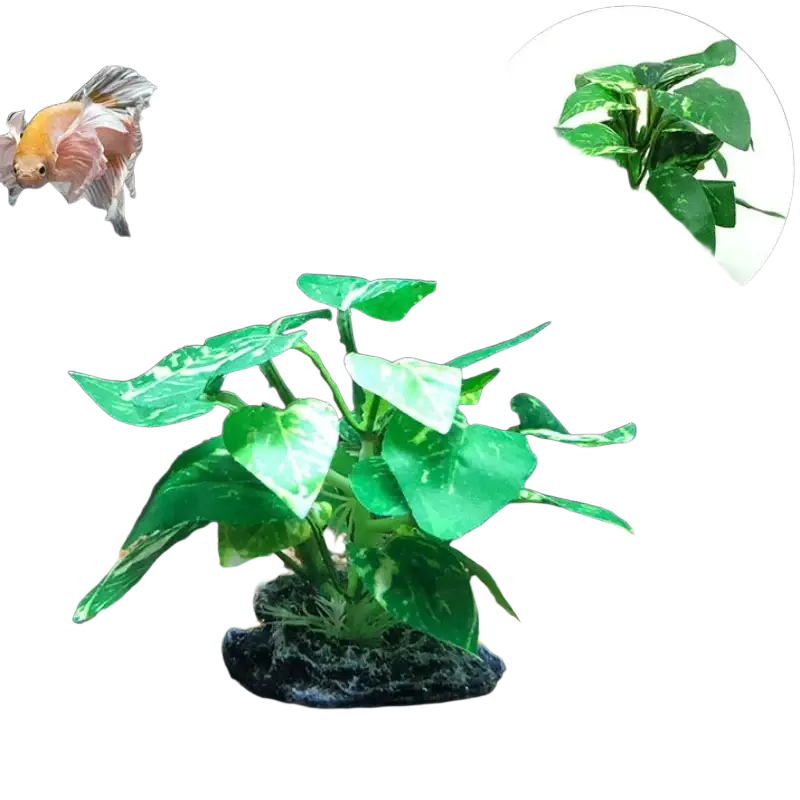 Artificial green water plants with variegated leaves and dark rocky base for fish tank landscape decoration