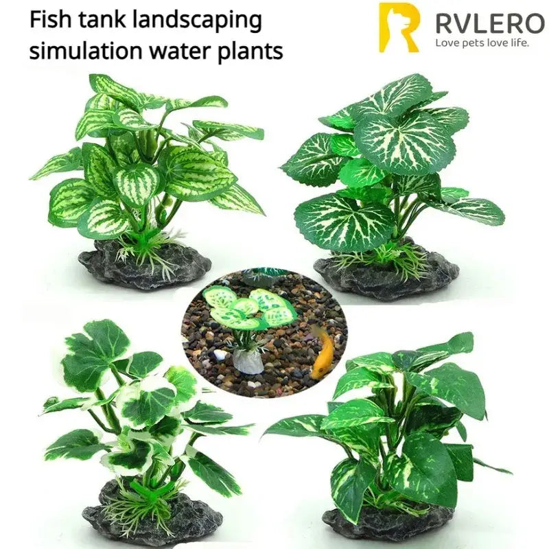 Artificial green and white variegated leaf water plants on black rocky bases for fish tank landscape decoration