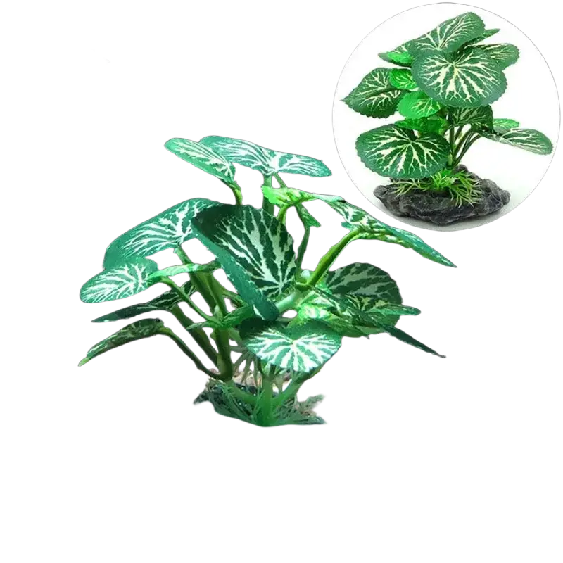 Artificial water plants with green and white patterned leaves and rocky base for fish tank landscape decor