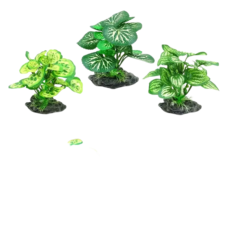 Green and white patterned plastic artificial water plants with black rock bases for fish tank landscape decor