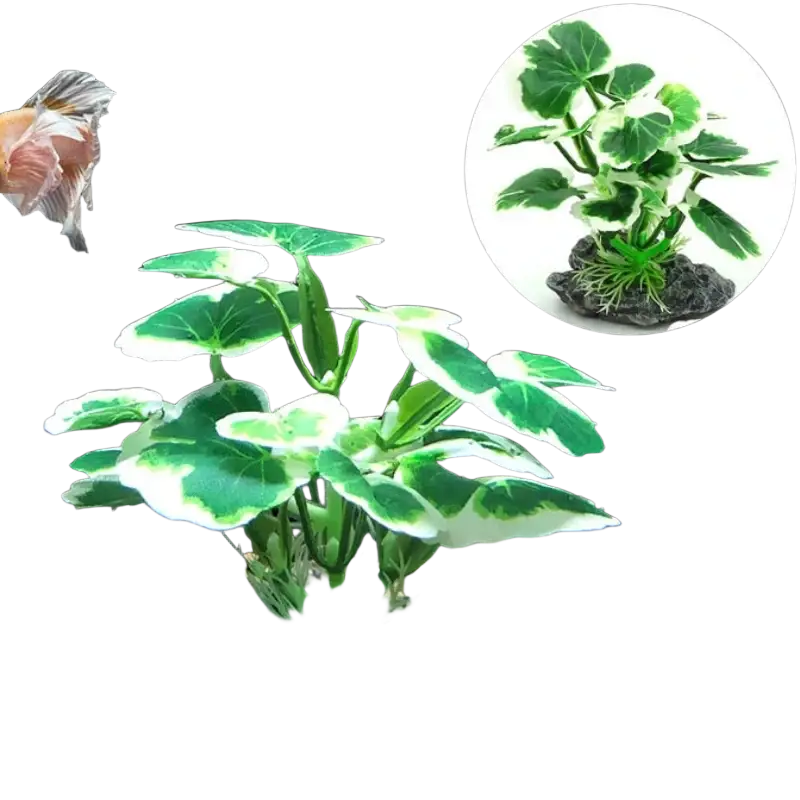 Artificial water plants with green and white variegated leaves and rocky base for fish tank landscape decoration
