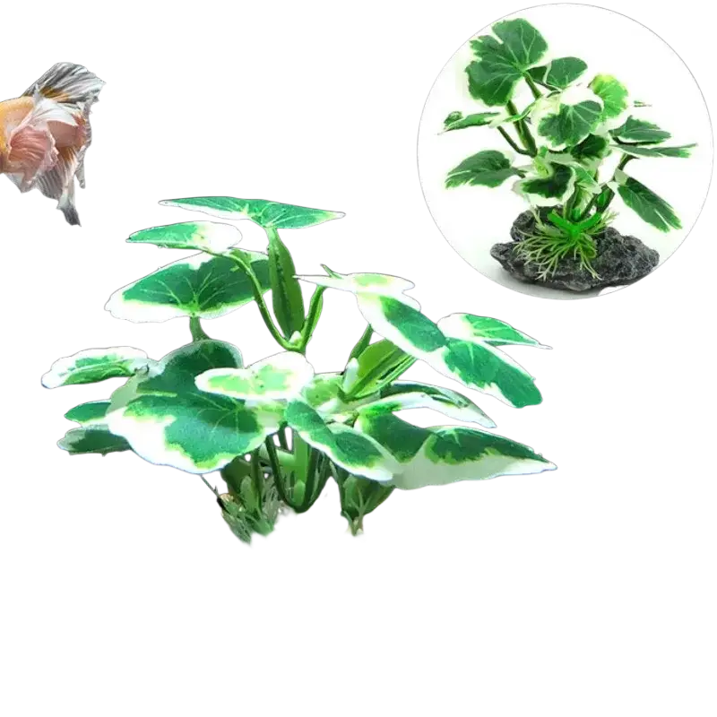 Green and white variegated plastic water plants with artificial roots anchored in black rock base for fish tank landscape
