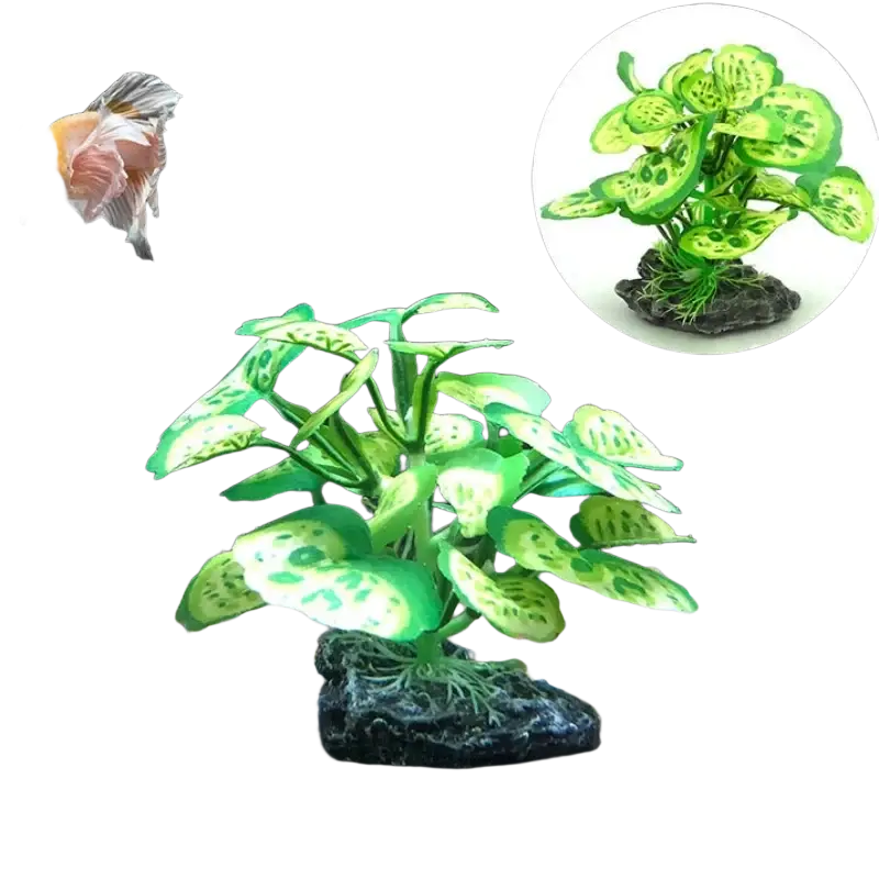 Vibrant green artificial water plants with spotted leaves and rocky base for fish tank landscape decoration