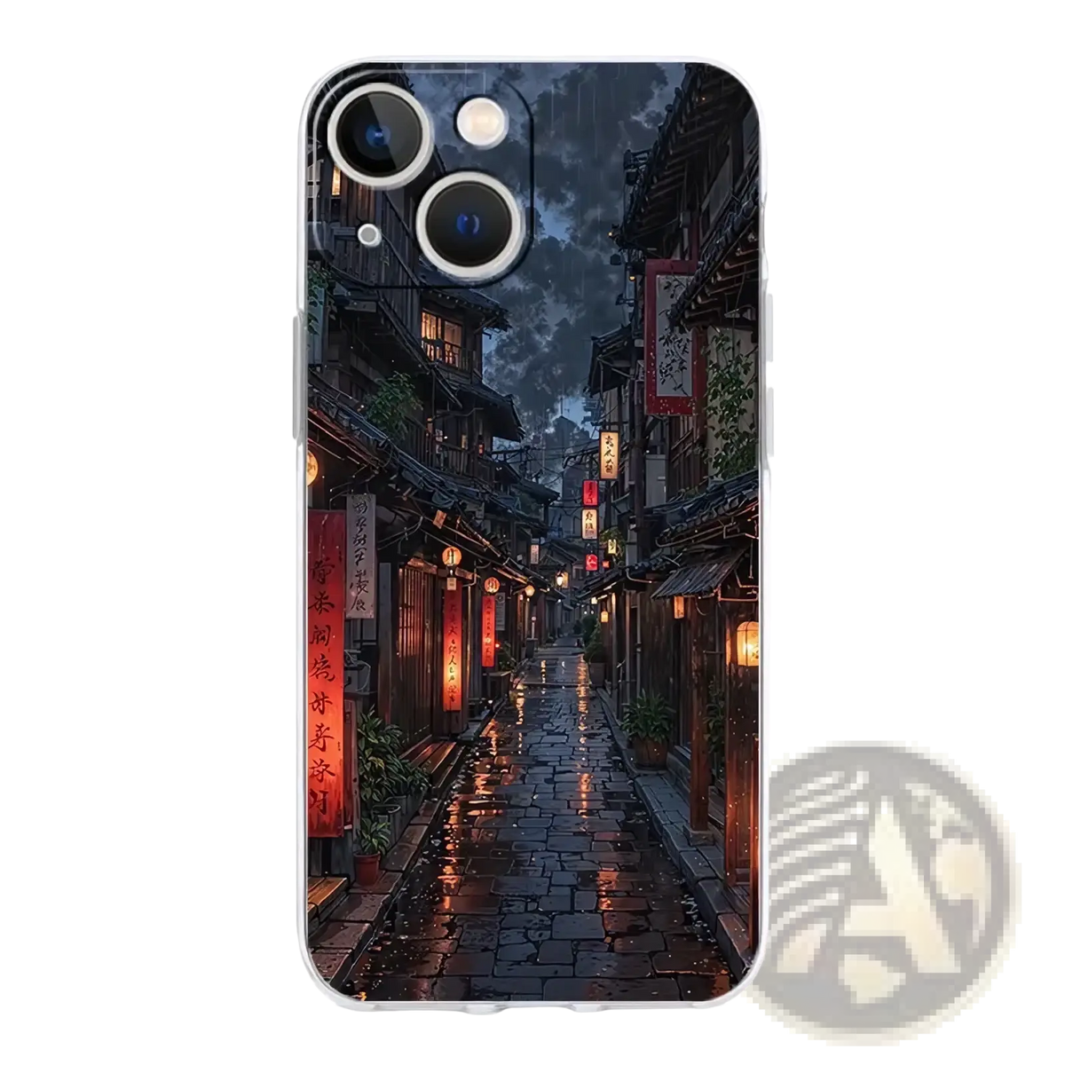 Transparent iphone case with artistic night sky design showing a dimly lit rain-slicked japanese alley on back side
