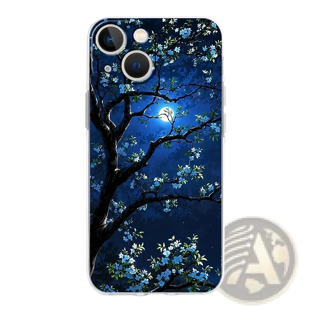 Back side of an artistic night sky transparent iPhone case with a dark tree and blue blossoms on a navy night sky
