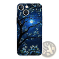 Back side of an artistic night sky transparent iPhone case with a dark tree and blue blossoms on a navy night sky