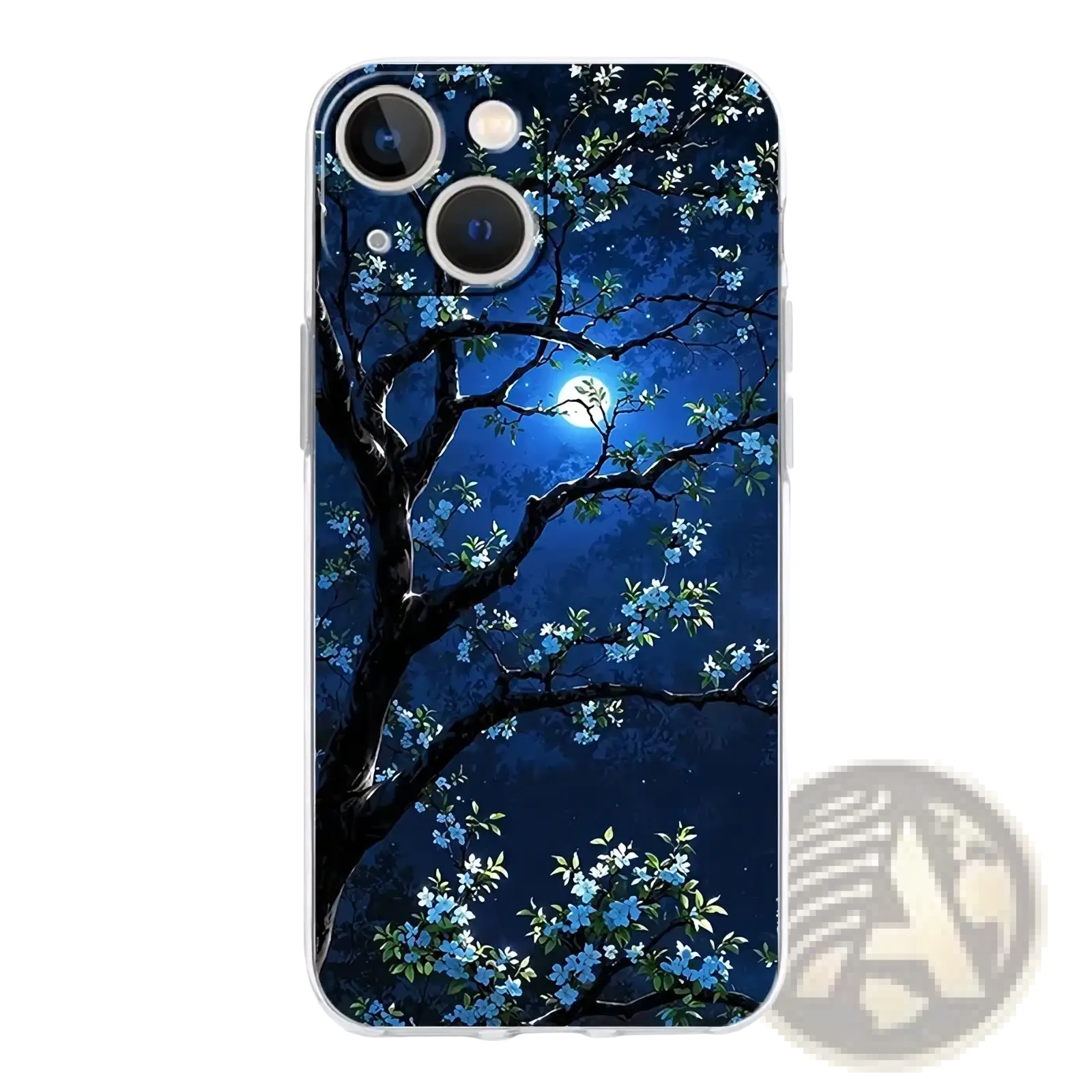 Back side of an artistic night sky transparent iPhone case with a dark tree and blue blossoms on a navy night sky