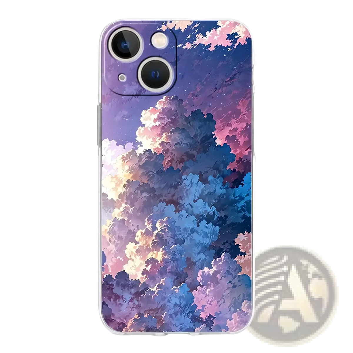Translucent iphone case featuring a vibrant illustrated night sky with swirling purple pink and blue clouds on the back side