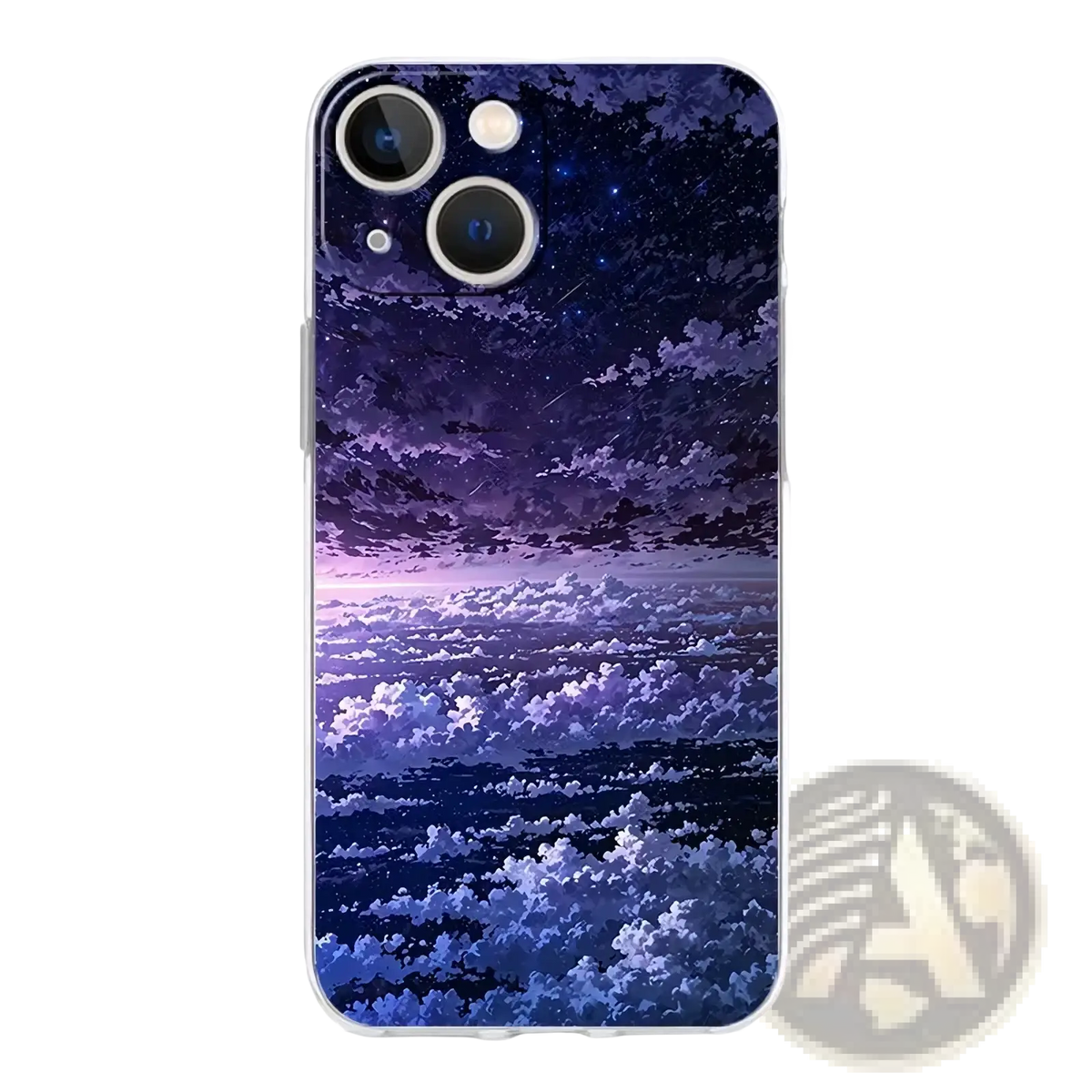 Back side of a translucent iphone case featuring a vibrant digital illustration of a starry night sky with clouds in purple and blue