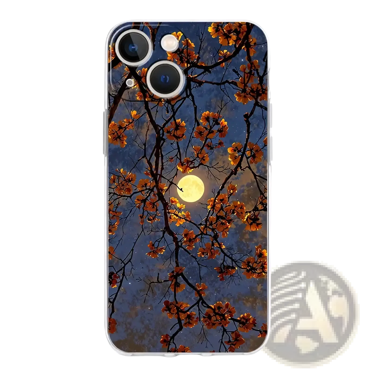 Back of a transparent iphone case with orange blossoms and a full yellow moon against a dark blue night sky design