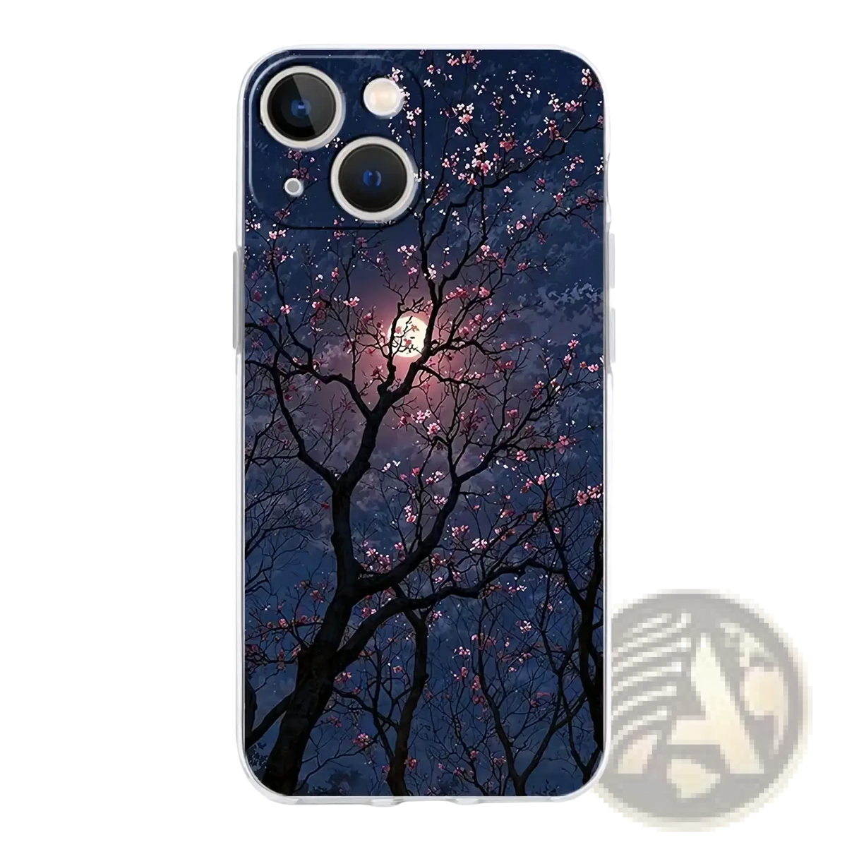 Transparent iphone case back featuring pink cherry blossoms against a dark blue night sky with a glowing moon design