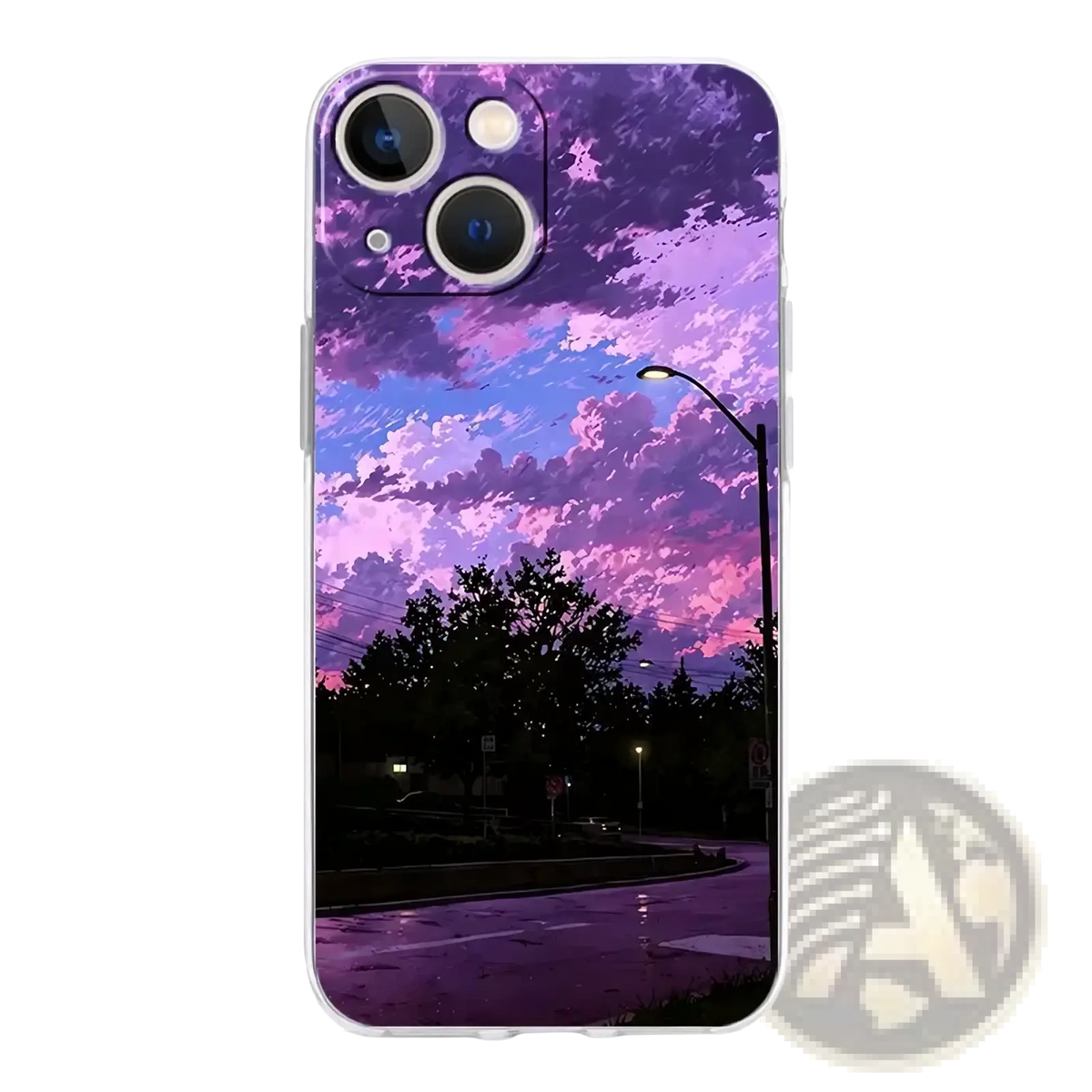 Artistic night sky transparent iphone case showing the back with a translucent design of a vibrant anime sunset scene