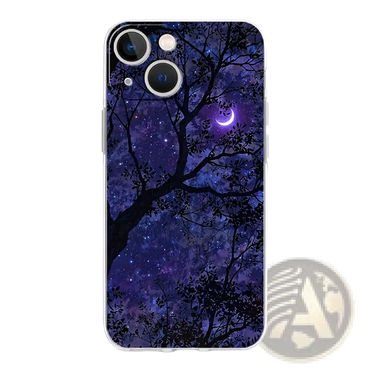 Back of an artistic night sky transparent iPhone case with cosmic design and dark tree silhouettes on purple sky